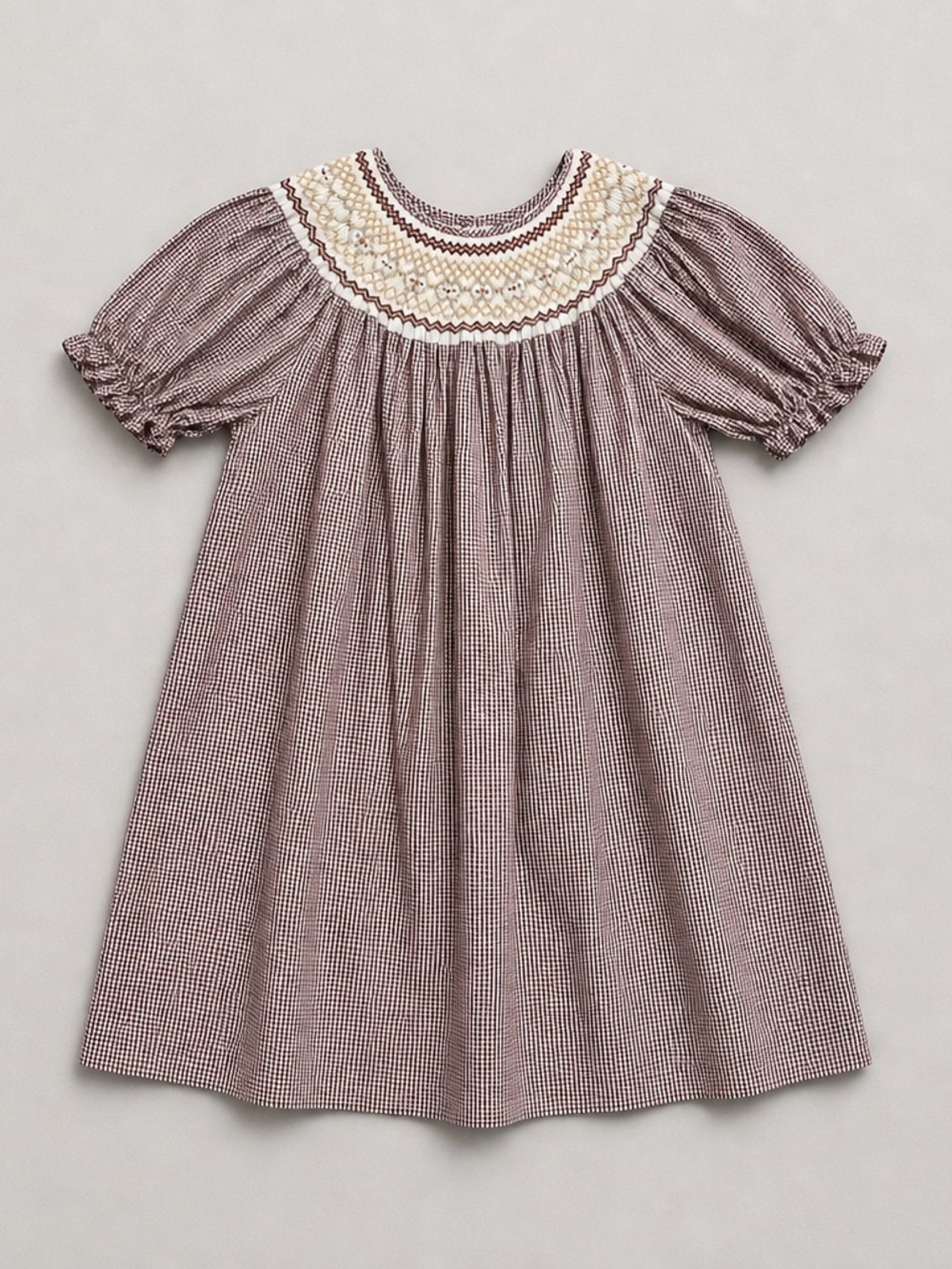 Rosalina Collections brown gingham hand smocked embroidered Bishop gown